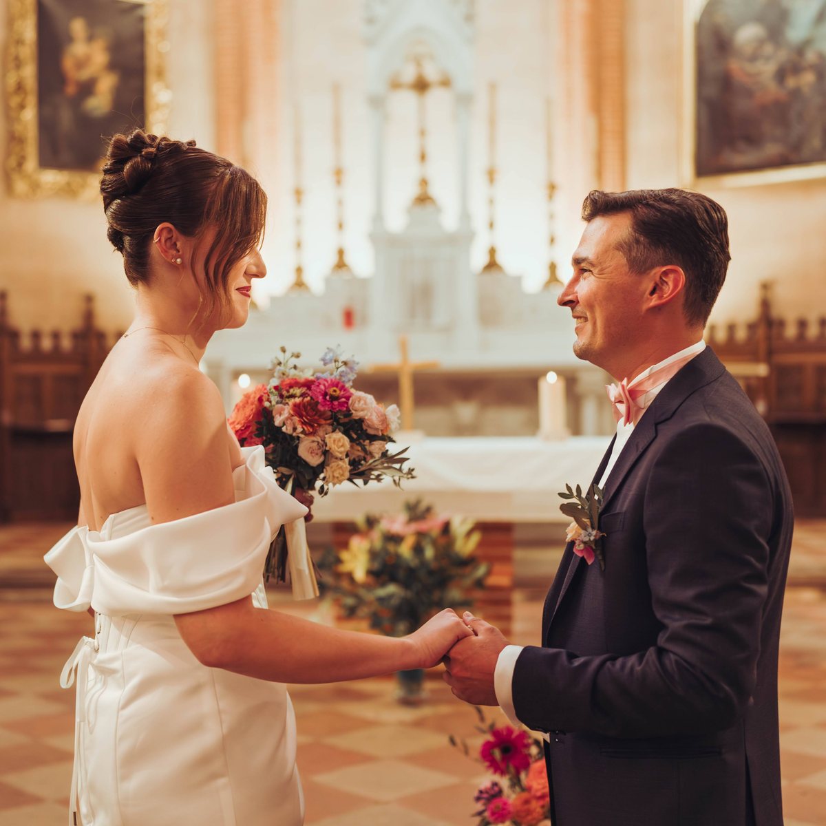 Wedding, couple and flowers